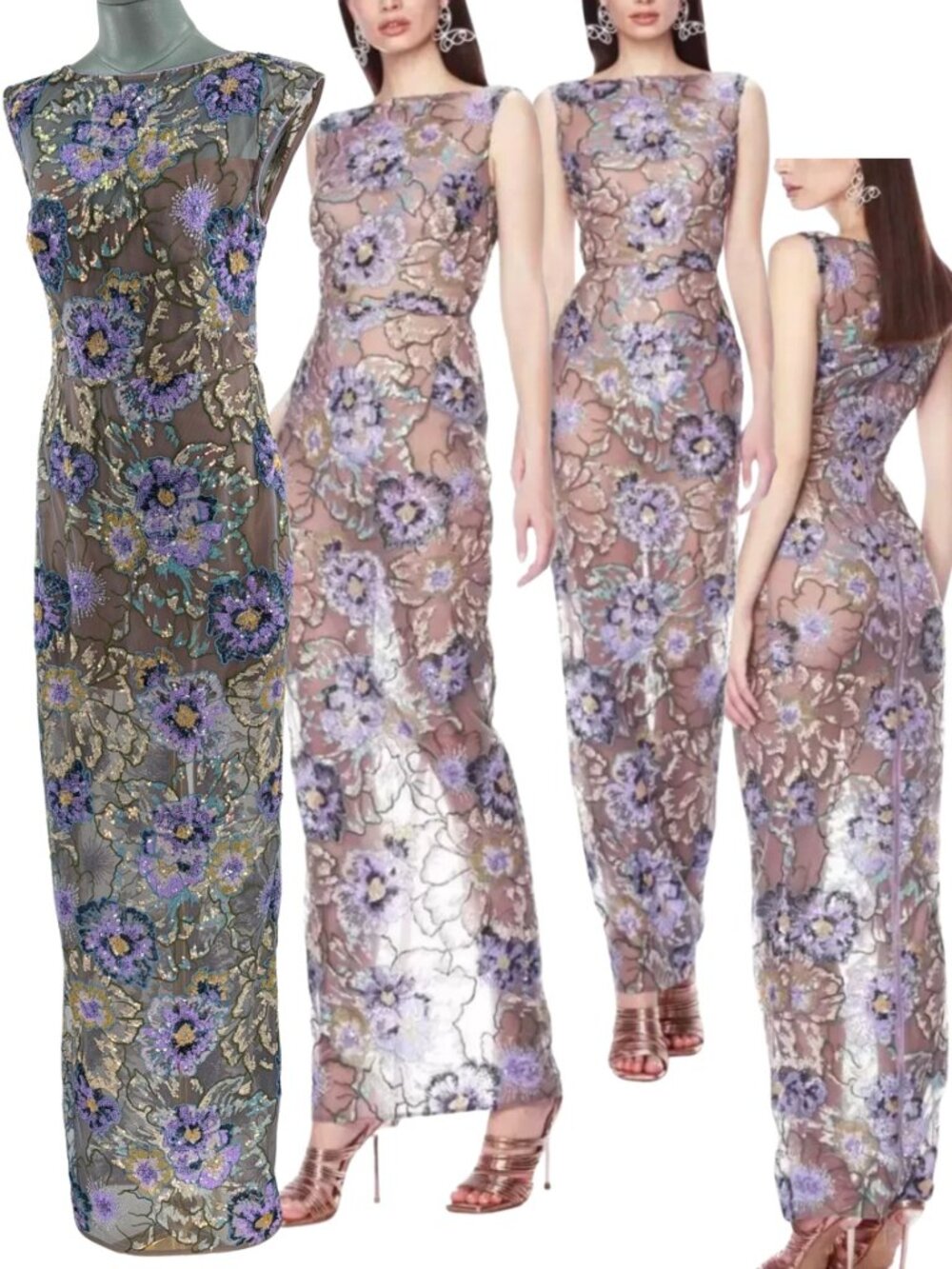 🆕 BRONX & BANCO 🧿 NWOT Violet Floral Sequin Maxi Dress, Purple - Sz M US 6
